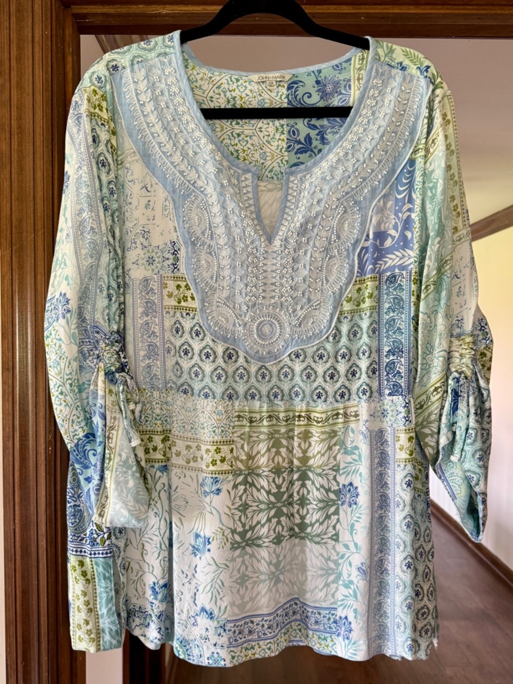 John Mark Light Blue & Green Embroidered Patchwork Tunic